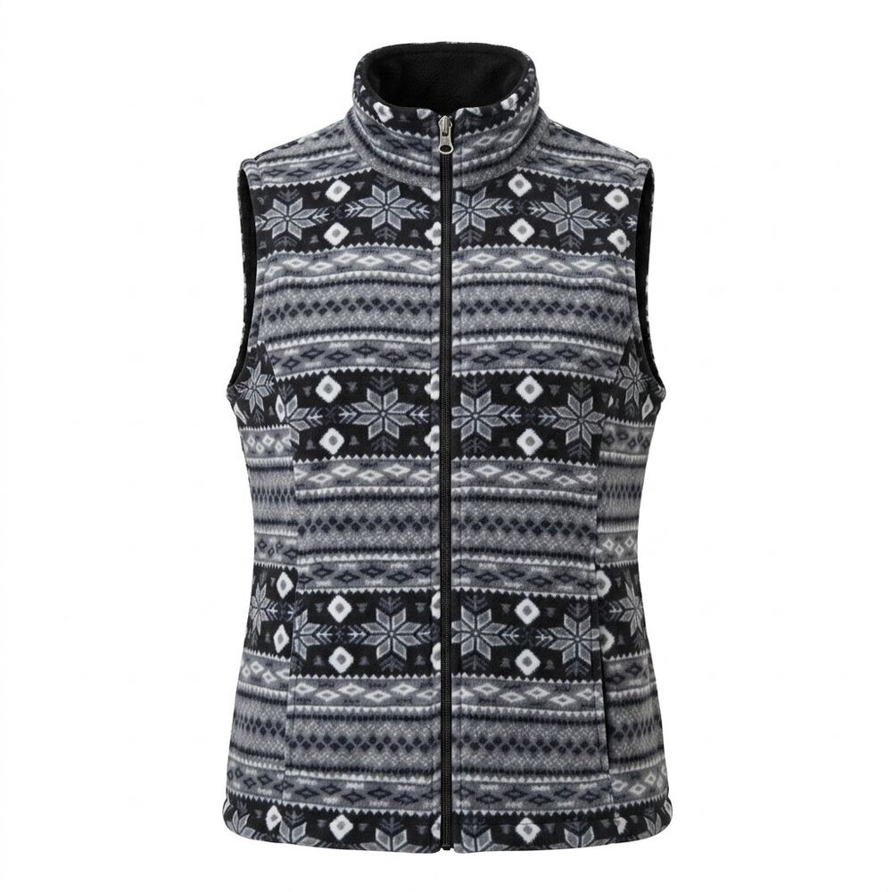Lena Black Gray Fair Isle Fleece Full Zip Vest Jacket Women Size P/M